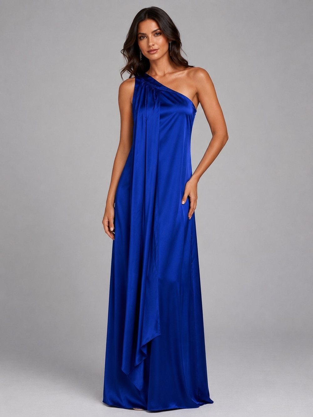 Adrianna Papell One-Shoulder Satin Evening Gown in Royal Blue Size 8